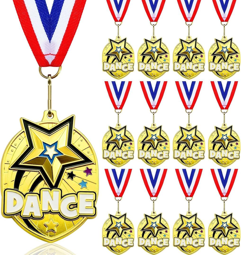 12 Pcs Gold Award Medals Bulk 2.2 Inch Basketball Volleyball Royal Dance Softball Metal Medals with Neck Ribbons Metal Trophy Award Prize Gifts for Tournaments Sports Competitions