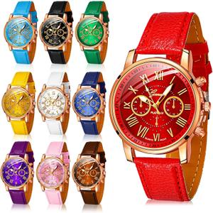 Yinkin 10 Pcs Assorted Platinum Watch Unisex Quartz Watch Sets for Women Men Ladies Watches Roman Numerals PU Leather Women's Wrist Watches