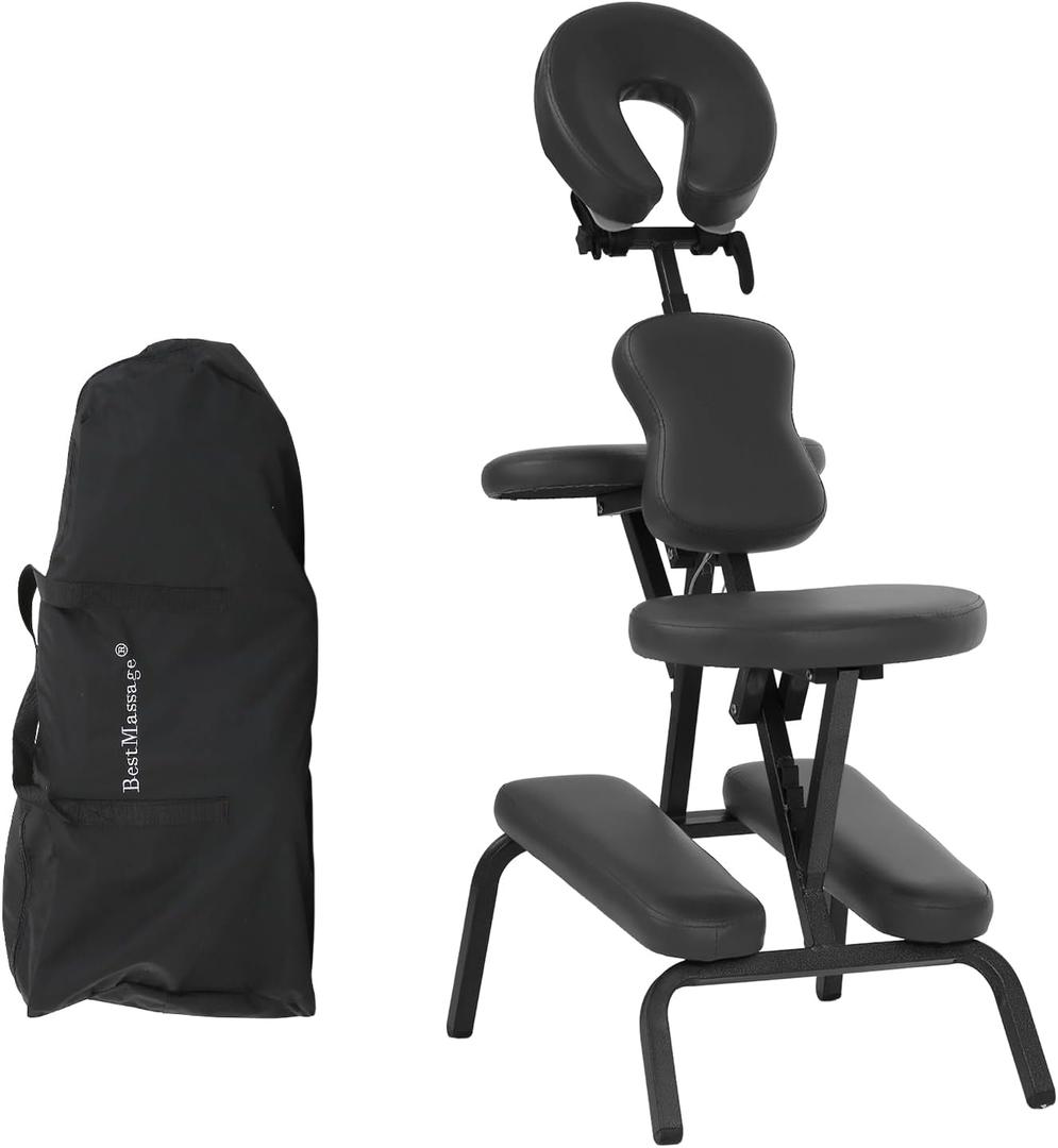 FDW Portable Massage Chair, Tattoo Chair, Foldable Spa Massage Chair, High Density Foam Height Adjustable SPA Salon Chair, Facial Brace for Customers with Backpack (Black)