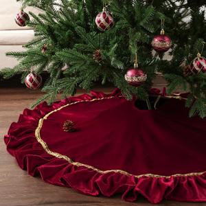 Christmas Tree Skirt: 48 Inch Large Luxury Burgundy  Red Velvet Plush Fur Ruffled Christmas Tree Skirts with Gold Trim and Bow, Vintage Royal Decorations for Xmas Home Indoor Decor
