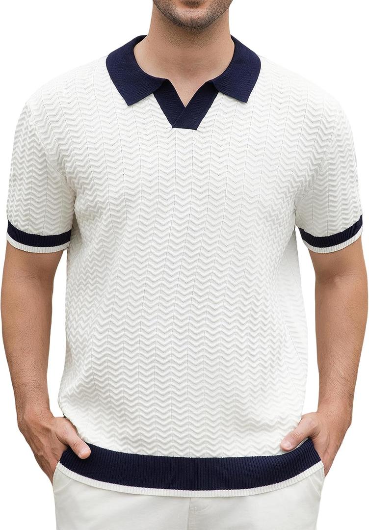 Alex Vando Mens Knit Polo Shirts Short Sleeve Johnny Collar Golf Shirts | Rayon Blend, Soft touch, V-neck, Airy breathable weave, Sleek refined silhouette, Suitable for workplace & outdoor trips (White, XL)