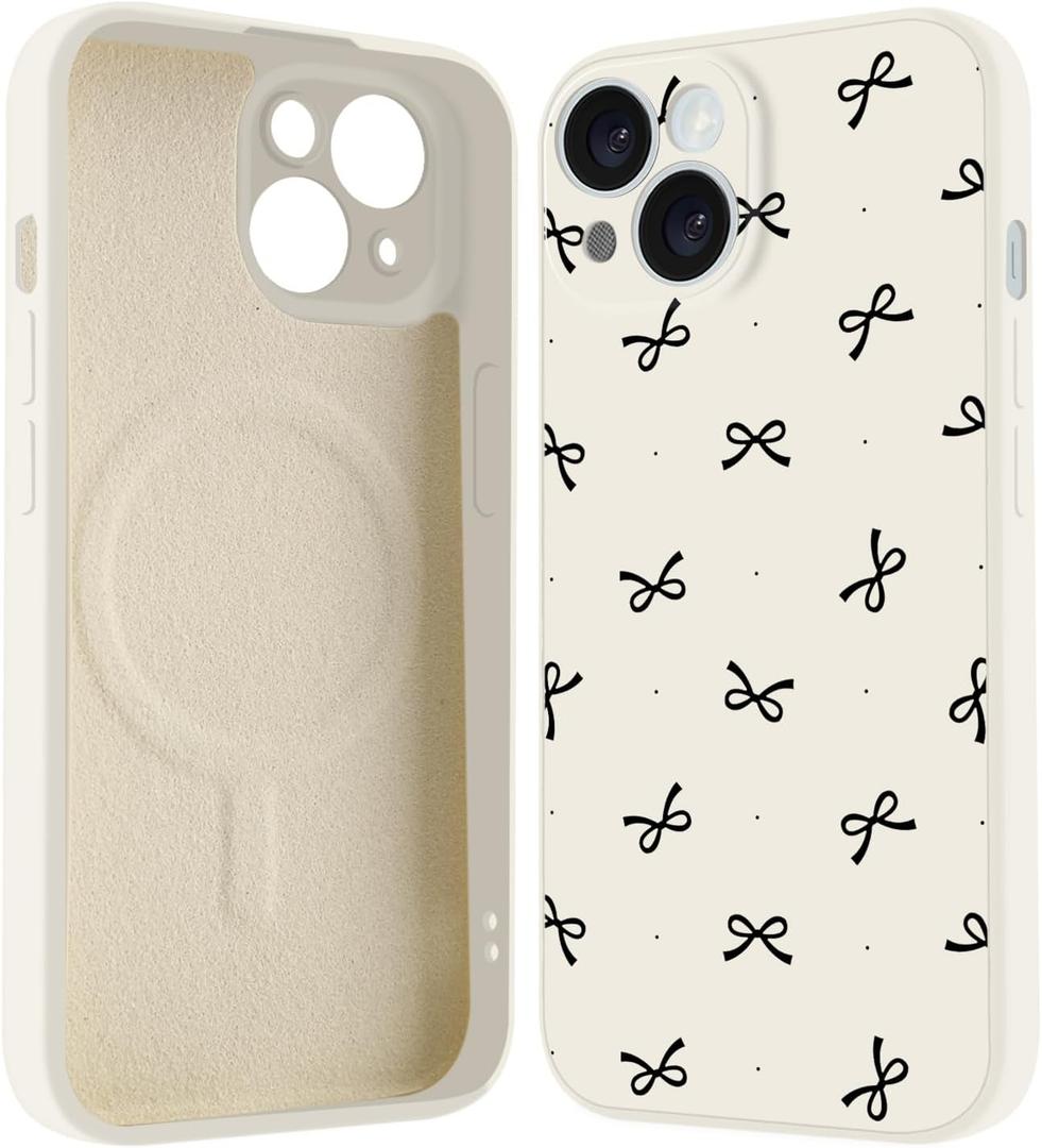for iPhone 15 Pro Max Case, Compatible with MagSafe, Cute Black Bow Magnetic Phone Case, White Liquid Silicone Soft Slim Fit Protective Cover for Women Girls