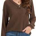 Beach Vacation Clothes for Women Long Sleeve Sweaters V-Neck Button Down T-Shirts Fall Clothing Brown Small