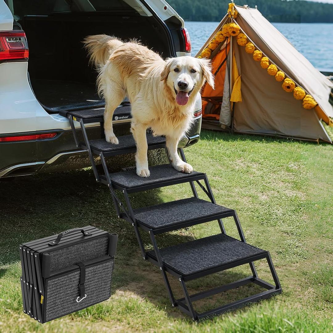 Veehoo Foldable Dog Steps for Car Truck, 4 Steps Collapsible Dog Stairs for Car Large Dogs 17" Wide, Heavy Duty Outdoor Pet Ramp Ladder Portable with Non Slip Surface for Dogs, Support up to 200 lbs