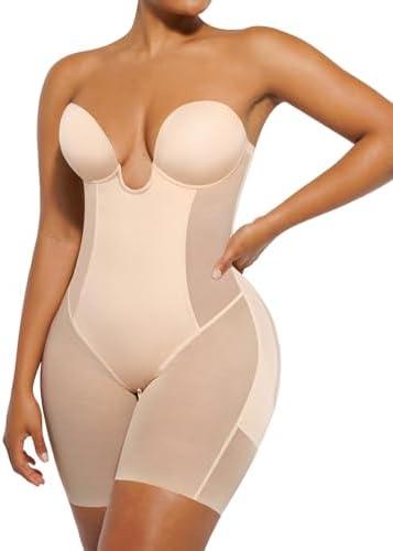 SHAPELLX Strapless Shapewear for Women Deep Plunge Corset Tummy Control Backless Bodysuit Mid Thigh Full Body Shaper, 3XL