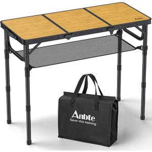 Anbte 3ft Camping Table Foldable with Storage Net and Bag, 3 Adjustable Heights High 27.5" Aluminum Camping Table, Portable, for Outdoor Indoor Backyard BBQ Cooking Party Picnic Beach, Yellow