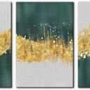 Pacimo Canvas Art Wall Decor Geometric Gold Green Pictures Strokes Abstract Shapes Illustrations Painting Prints on Canvas 3 Pieces Modern Artwork Stretched and Framed Ready to Hang - 16"x24"x3 Panels