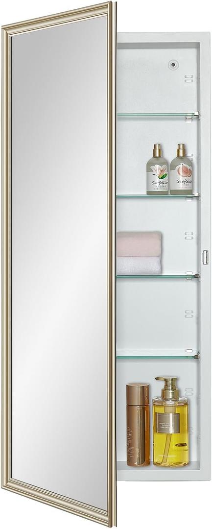 IDYLLOR White Medicine Cabinet with 16x36 Inch Gold Frame Mirrored Door, Wall Mounted Storage, Recessed or Surface Mount, 4 Adjustable Glass Shelves, Vanity Organizer for Bathroom, Bedroom, Hallway, 16x36 inch Framed Mirrored Door