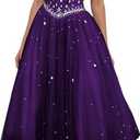 Women's Strapless Tea Length Prom Dress, Tulle Ball Gown with Crystal Beading, Corset Back (2, Purple)