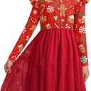 Christmas Little Girl's Flutter Shoulder Gingerbread Man Printed Tutu Dresses Swing Crew Neck Outfit Red 6 Years