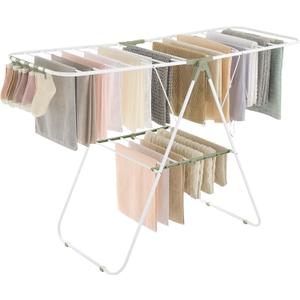 SONGMICS Clothes Drying Rack, with Sock Clips, Metal Laundry Rack, Foldable, Space-Saving, Free-Standing Airer, with 2 Height-Adjustable Gullwings, Indoor Outdoor Use, White and Green ULLR052C01