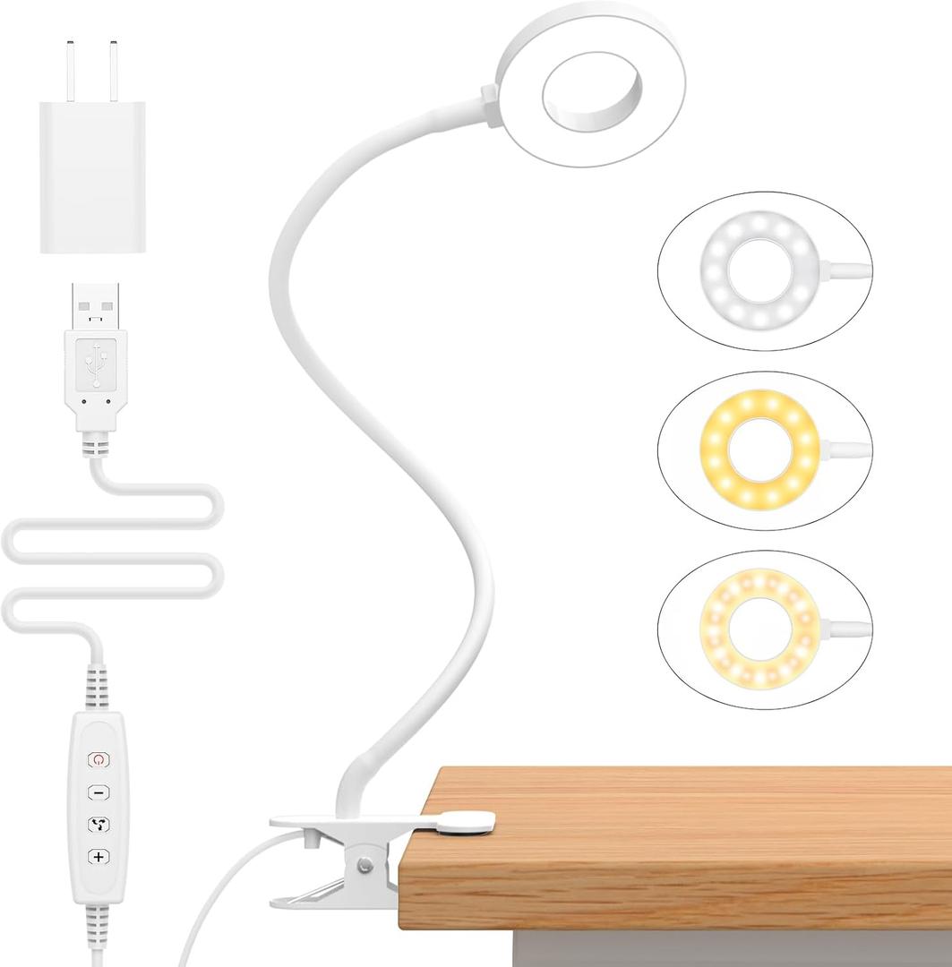 iZELL Reading Light, USB Clamp Lamp for Child Reading Book in Bed at Night, LED Small Desk Lamp with Silicone Adjustable Arm Clip on Beside Table for Studying Working Drafting Sewing - 15.8 White