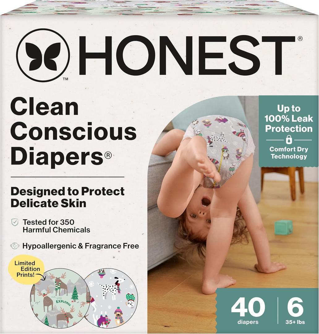 The Honest Company Clean Conscious Diapers for Delicate Skin | Up to 100% Leakproof | Hypoallergenic, Fragrance Free | Winter '25 Limited Edition Prints | Club Box, Size 6 (35+ lbs), 40 Count (Winterwear Wags + Adorably A-moosing)