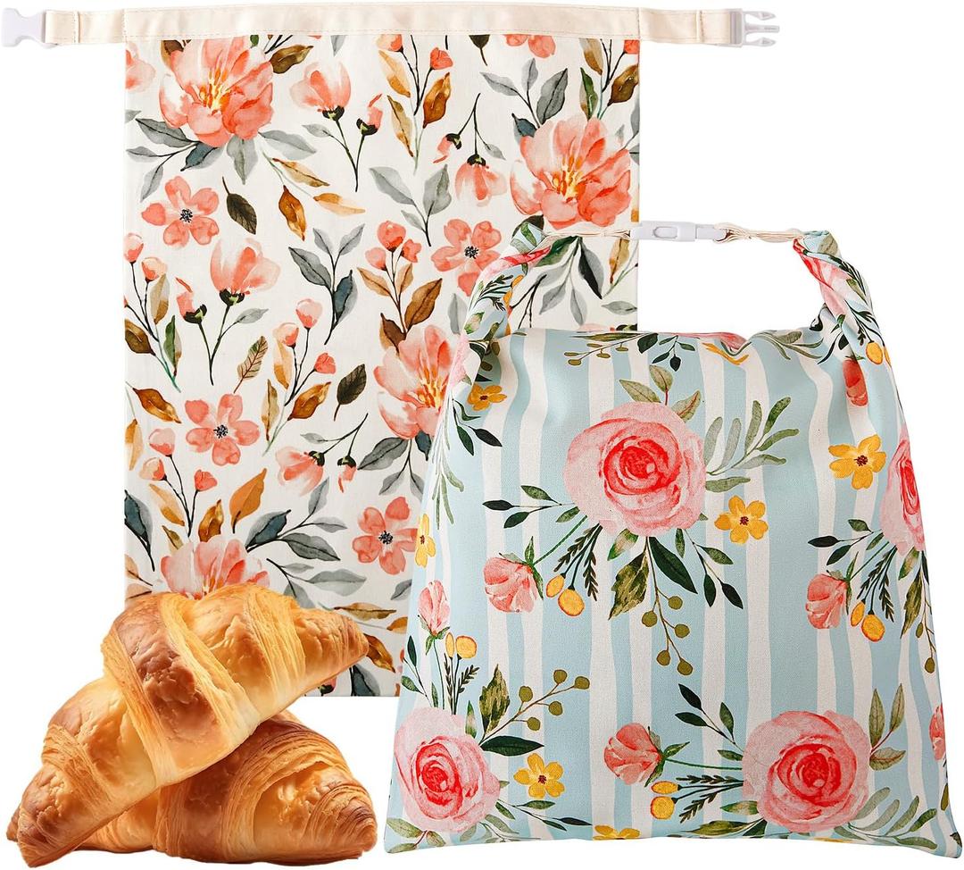 Beeswax Bread Bag, 2 Pack Sourdough Bread Bags, Reusable Bread Bags for Homemade Bread, Organic Cotton Beeswax Sourdough Bags, Wildwood Bloom Series (Pink)