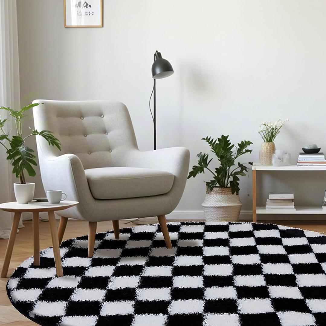 Super Soft Rug, Round Rug for Bedroom, 4X4 Ft Black and White Checkered Round Rug Non-Slip High Pile Cute Soft Fluffy Rug for Living Room Bedroom Kids Room
