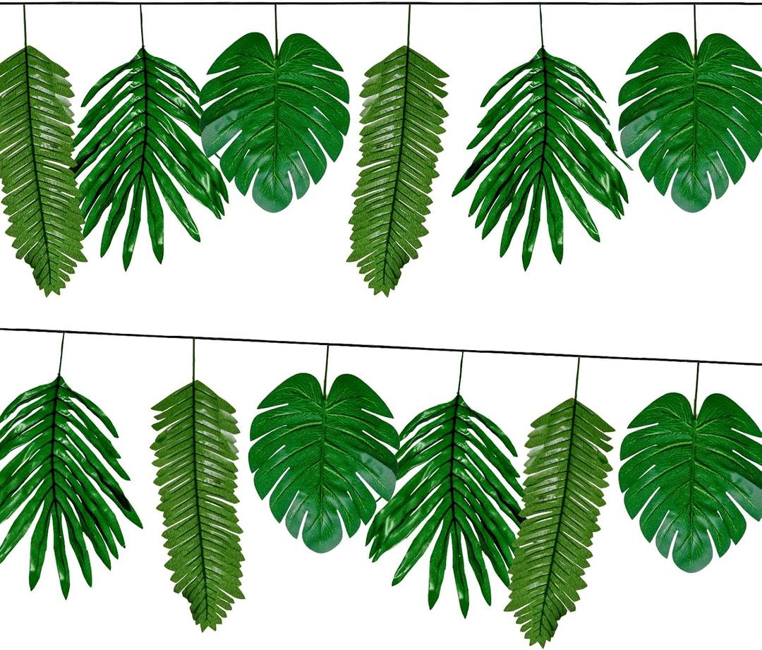 Hawaiian Summer Garland Monstera Leaf Banner, Monstera Leaf Garland Banner with 3 Types of Artificial Palm Leaves, Tropical Palm Leaves Party Banners Decorations for Jungle Theme Baby Shower