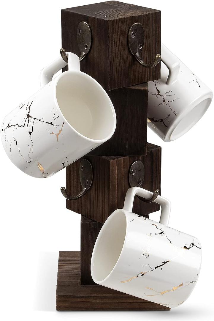 PUERSI Coffee Mug Holder for Counter, Rustic Solid Wood Mug Tree, Farmhouse Wooden Coffee Cup Rack with 8 Hooks (Rustic Brown)