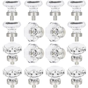 16 PCS Glass Crystal Dresser Cabinet Knobs Brushed Nickel, Octagon Knobs and Pulls for Dresser Drawers, Bathroom Kitchen Cabinet Drawer Knobs Set