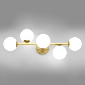 Mid Century Modern Bathroom Vanity Lights, 5-Light Bathroom Light Fixtures Brass Gold Bathroom Lights Semi-Flush Mount Ceiling Light, Gold Wall Sconce Wall Light with Globe Frosted Milk Glass, G9 Base