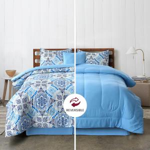 LUX Dcor Reversible 5pc Queen Comforter Set, Printed Bedding Set, All-in-One Bed in a Bag, Includes 1 Comforter, 2 Pillow Shams, 1 Decorative Pillow & 1 Bed Skirt (Aztec Sky,Queen)
