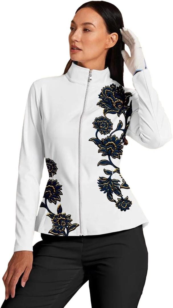 ACEGOLFS Women's Golf Jackets Lightweight Zip up Athletic Jacket Women Long Sleeve Floral Printed Pullover Ruffle Workout Top (Medium, White B-floral), Size Medium