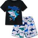 Mikrdoo Boys Summer Pajamas Size 6 Little Kids Short Sleeve Pj Set, Black Shark, 6 Years