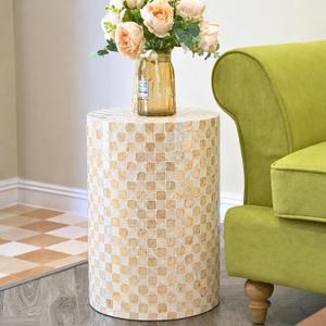 Chi An Home 19.3” Capiz Shell Ivory Checkered Cylinder Drum Side Table, 19.3" x 13.4"