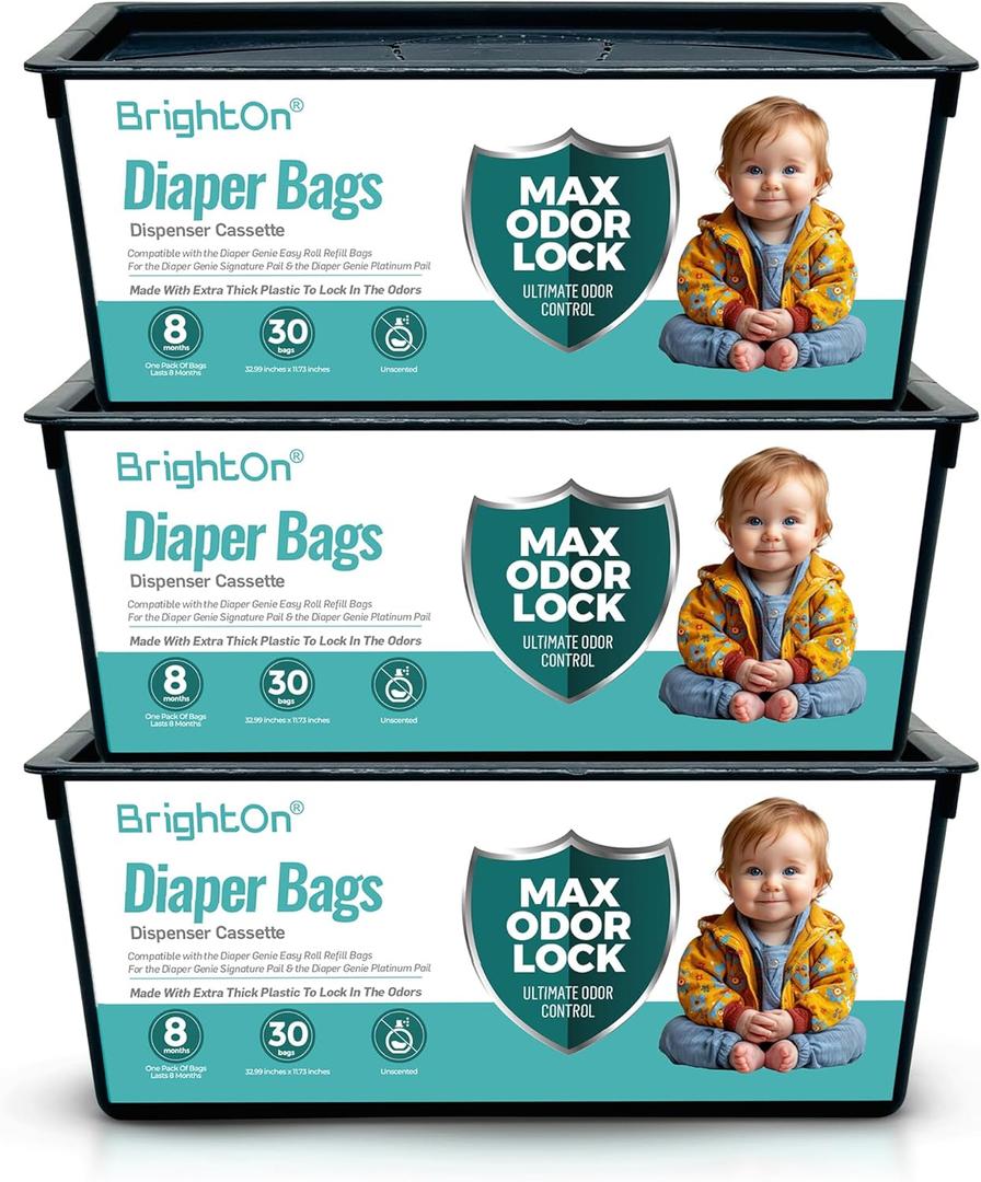 BrightOn Diaper Pail Refills with 90 Bags Compatible with Genie Easy Roll Signature Diaper Pails, 3-Pack (90 Bags) (Unscented)
