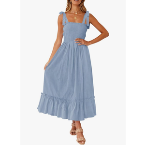 ZESICA Women's 2025 Summer Boho Spaghetti Strap Square Neck Solid Color Ruffle A Line Beach Long Maxi Dress, S
