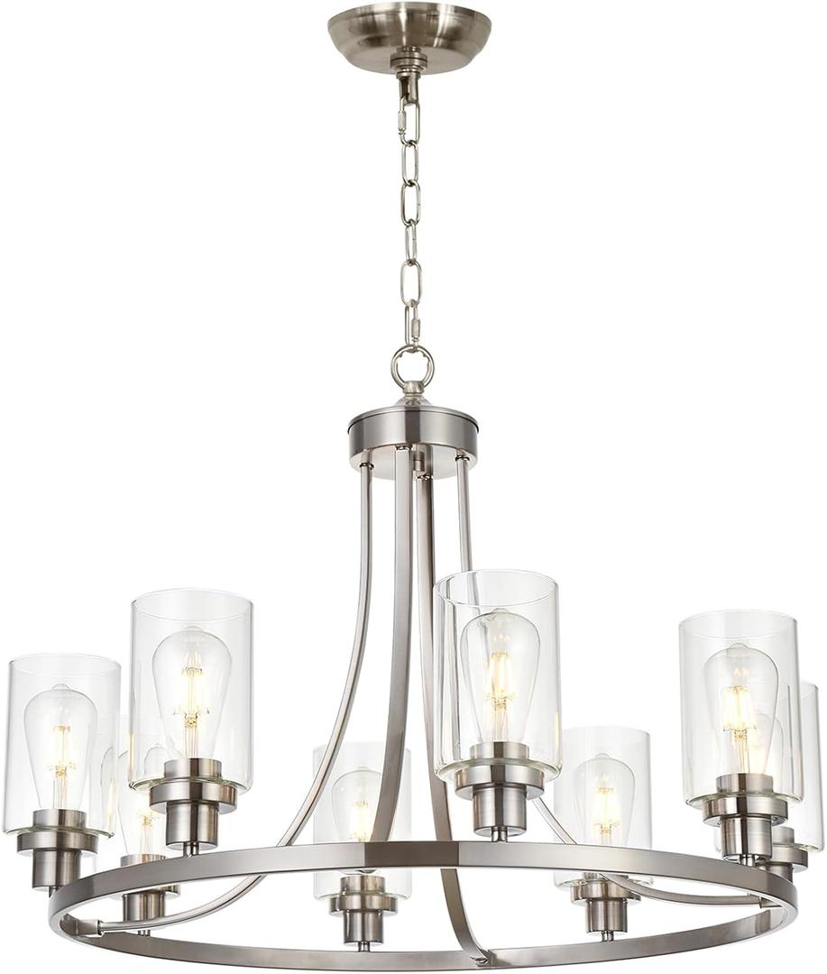 MELUCEE Modern Chandelier Brushed Nickel Finish 8 Lights, Dining Room Lighting Fixtures Hanging Industrial Pendant Lighting for Kitchen Island Foyer Restaurant