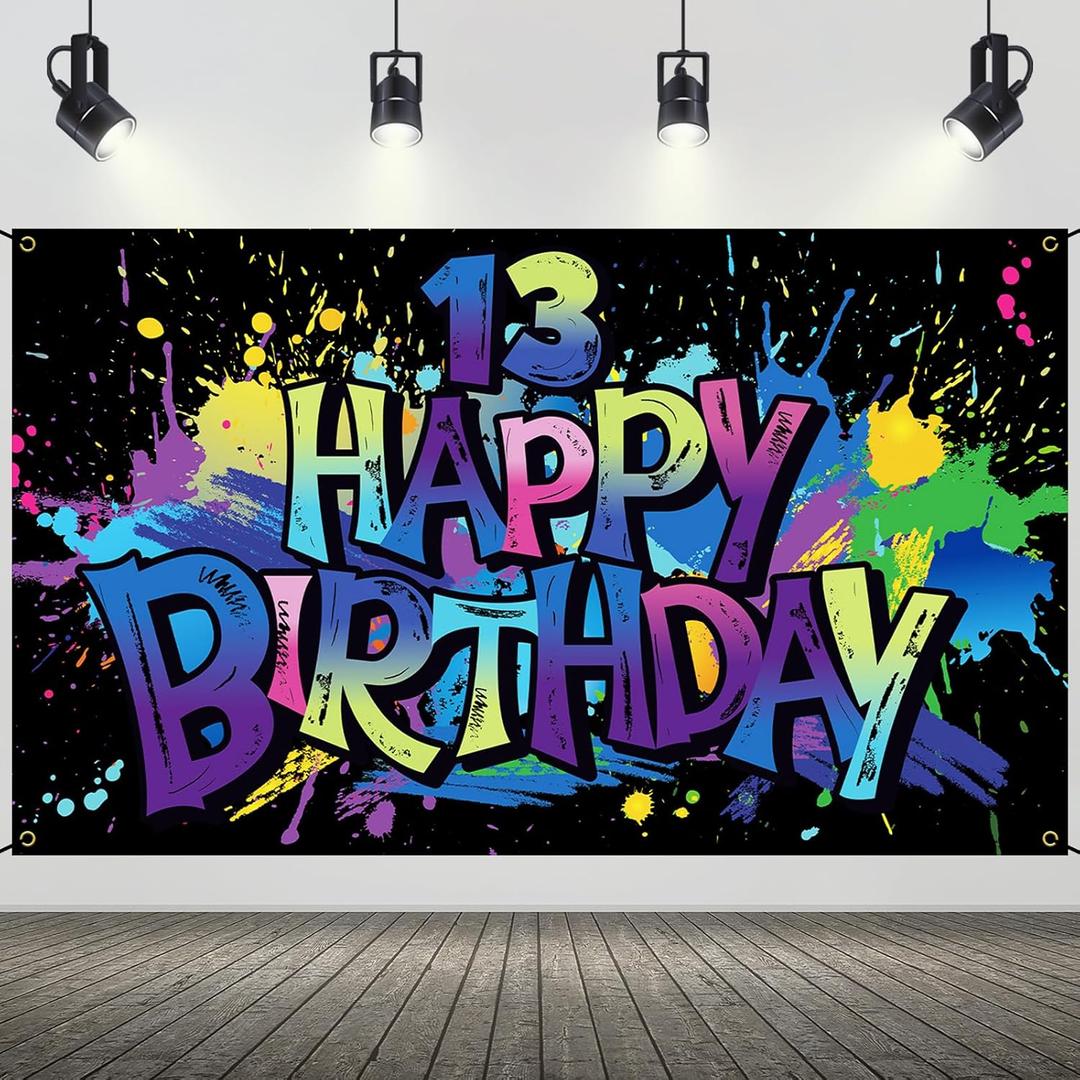13th Birthday Banner Backdrop for Boys Girls, Graffiti Style Colorful Paint Splash Happy Birthday Fabric Backdrop, Teen Birthday Party Decorations for Wall Photo Background 6.1 3.6 ft HTDZZI