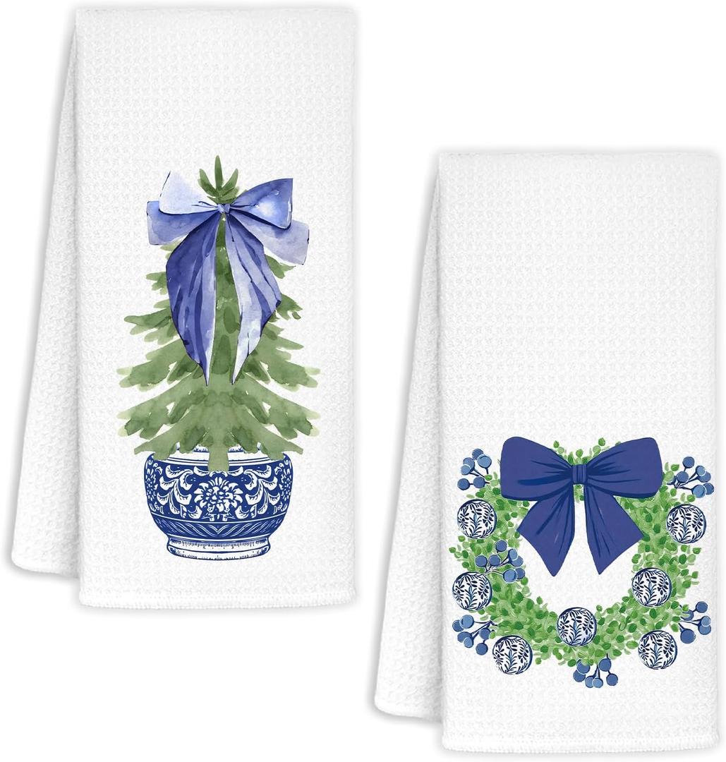 Christmas Chinoiserie Kitchen Towels Decor,Blue Bow Coquette Christmas Tree Towels Gifts,Blue Christmas Hand Towels for Bathroom Kitchen,Grandmillennial Decor, 16x24 Inches Set of 2