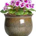 Self Watering Planters for Indoor Plants, 6 Inch Ceramic African Violet Pots with Absorbent Inner Pot, Ceramic Plant Pot, Round Flower Pots, Bathroom Decor, Housewarming Gifts, Yellowish Brown