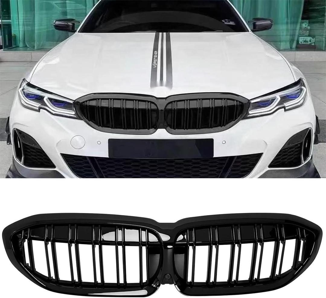 G20 Grill Gloss Black Front Kidney Grille for BMW 2019-2022 3 Series G20 316i 318i 320i 328i 330i 335i 340i (Gloss Black-Double Slats)