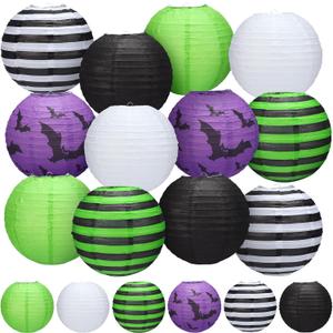 Retisee 12 Pieces Halloween Paper Lanterns Party Decorations Hanging Bat Lanterns Purple Black Green 9.84 Inches for Halloween Horror Party Indoor Outdoor Spooky Home Decor Supplies Props