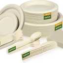 300 Pack Paper Plates Set Party Supplies Severs 50 Guests Disposable Party Plates Sugarcane Forks Knives Spoons Heavy-Duty Paper Plate Bagasse Natural Compostable Eco-Friendly Birthday Wedding