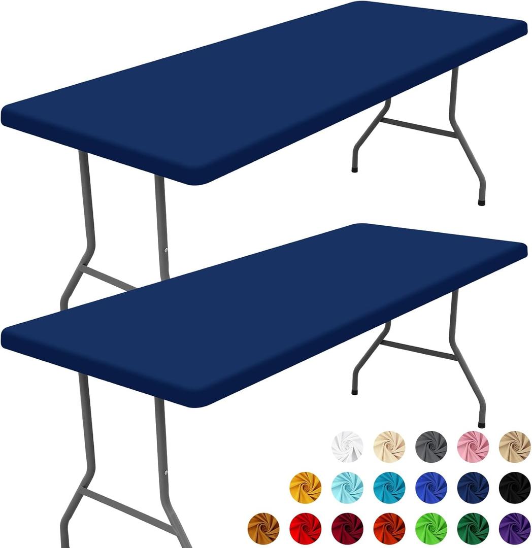 Moosfor Spandex 8 Foot Rectangle Table Cloth 2 Pack, Elastic Fitted Tablecloths for Picnic, Stretch Washable Patio Table Cover for Outdoor, Camping, Banquet and Parties (Navy, 30"x96")