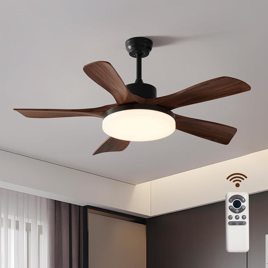 46 Inch Wood Fan 5 Solid Wood BladesBlack Walnut with Light with Remote Control Wood Grain Ceiling FanOutdoor Ceiling Fan with LightSuitable for Living, DiningBed Room