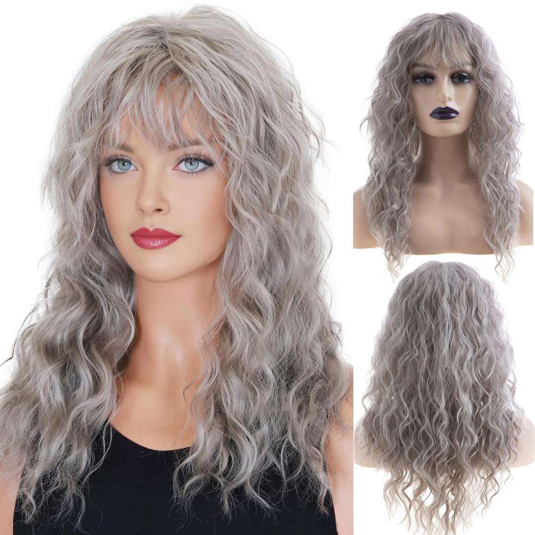 Baruisi Long Curly Wavy Women Wig with Bangs Synthetic Heat Resistant Halloween Cosplay Party Hair Wig,Grey (gray)