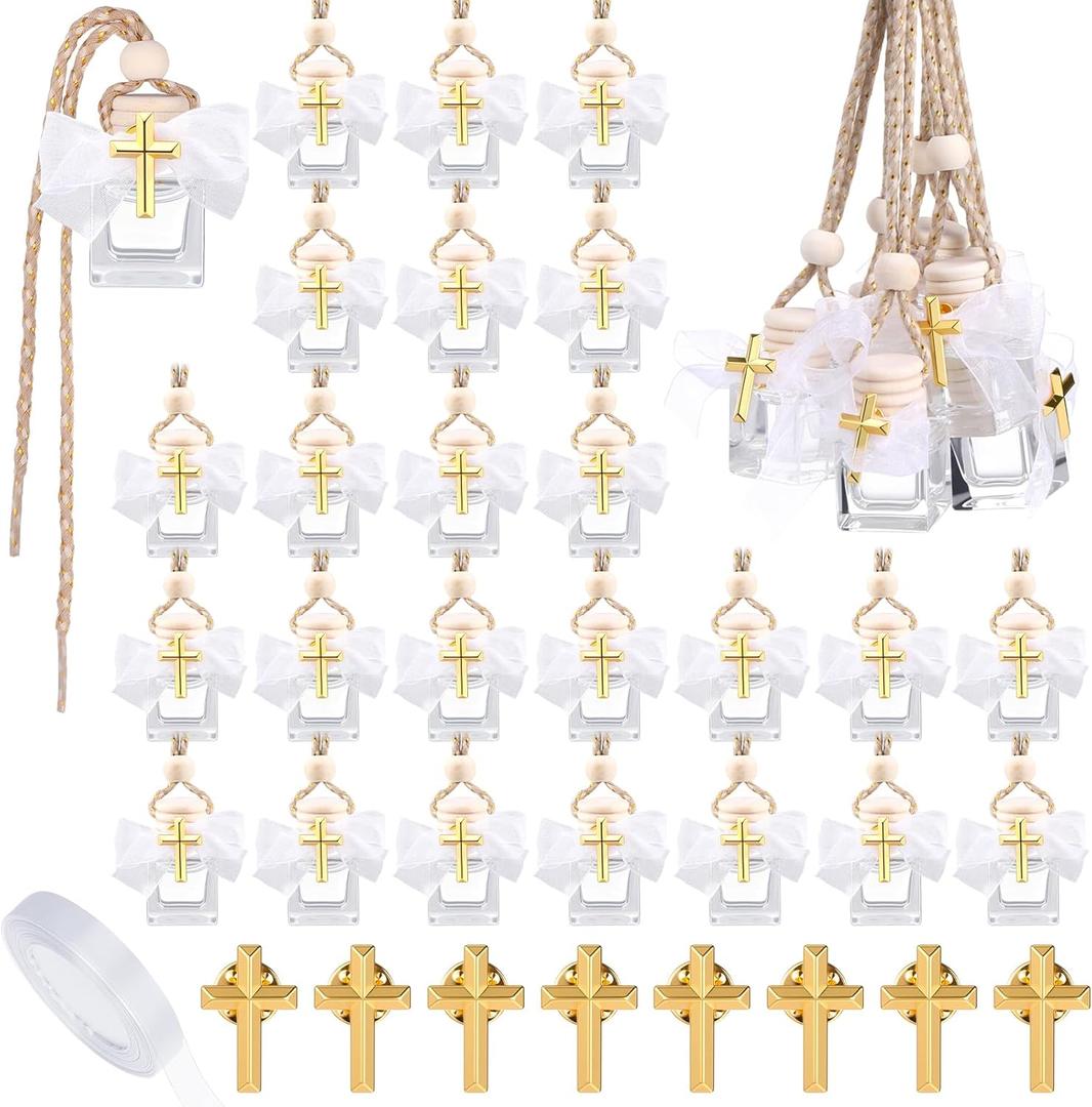 30 Set Holy Water Bottles Baptism Favors for Guest 8ml Mini Catholic Christian Holy Water Container with Cross Pin and Ribbon for Church Baptism Communion Christian Gift(White,Square)