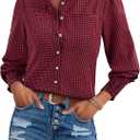 Uhiger Plaid Shirts for Women Button Down Shirt Ruffle Neck Long Sleeve Blouses Dressy Casual Gingham Tops with Chest Pockets (M)
