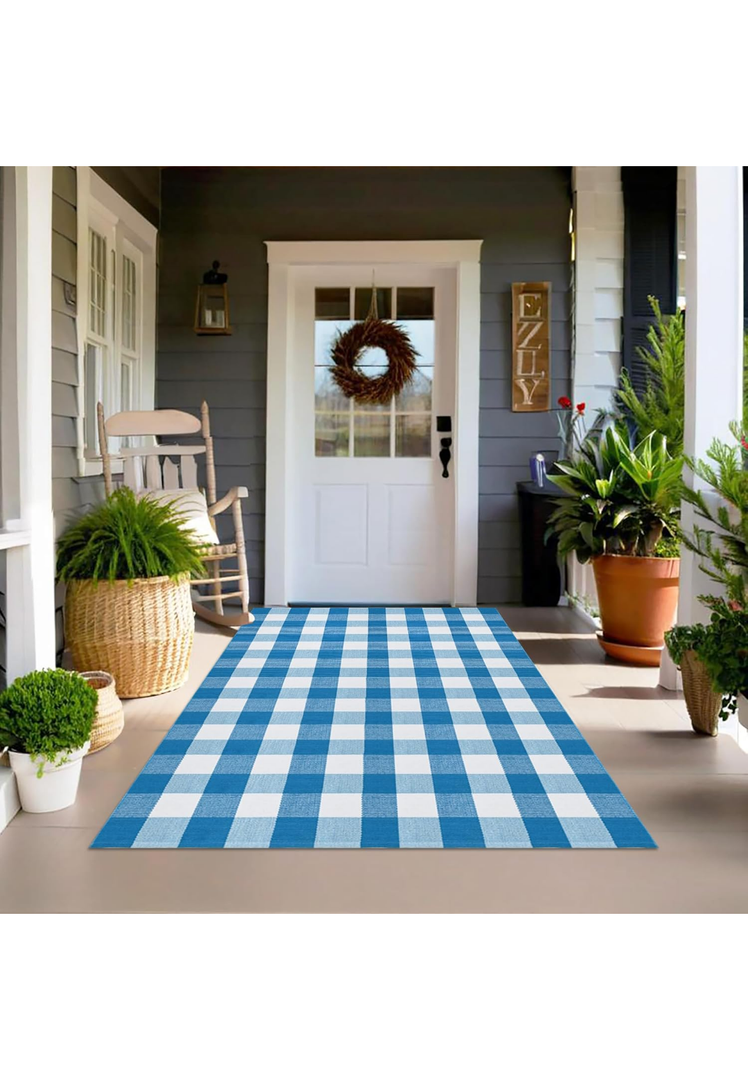 Buffalo Plaid Outdoor Rugs, 4'x6' Blue and White Checkered Indoor Outdoor Area Rug, Layering Rug for Welcome Door Mat, Washable Cotton Woven Farmhouse Mat for Spring Easter Front Porch Décor