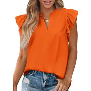 Zenlonr Womens Summer Tops 2025 Casual V Neck Ruffle Cap Sleeve Blouse Shirts Basic Tunic Tops Spring Outfits (Medium, Orange)
