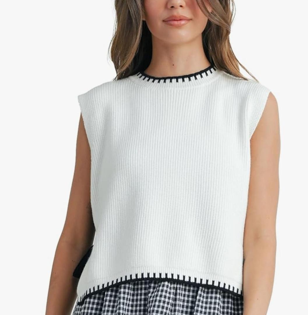 Yegthou Women Mock Neck Crochet Sweater Vest Sleeveless Tie Knot Slit Tank Knit Tops Lightweight Casual Pullover Clothes Size S