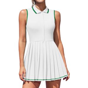 ATTRACO Women Tennis Dresses Ribbed Polo Golf Dress Half Zip Pleated Workout Dress with Built in Shorts and Bra (Medium, White)