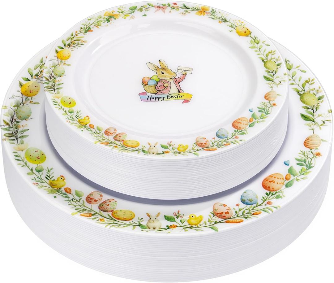 Nervure 40pcs Easter Plastic Plates - Bunny Plates Set Includes 20PCS 10.25" Dinner Plate & 20PCS 7.5" Dessert Plate, Heavy duty Plates, Easter Pink Eggs, Rabbit plates, Perfect for Easter Party