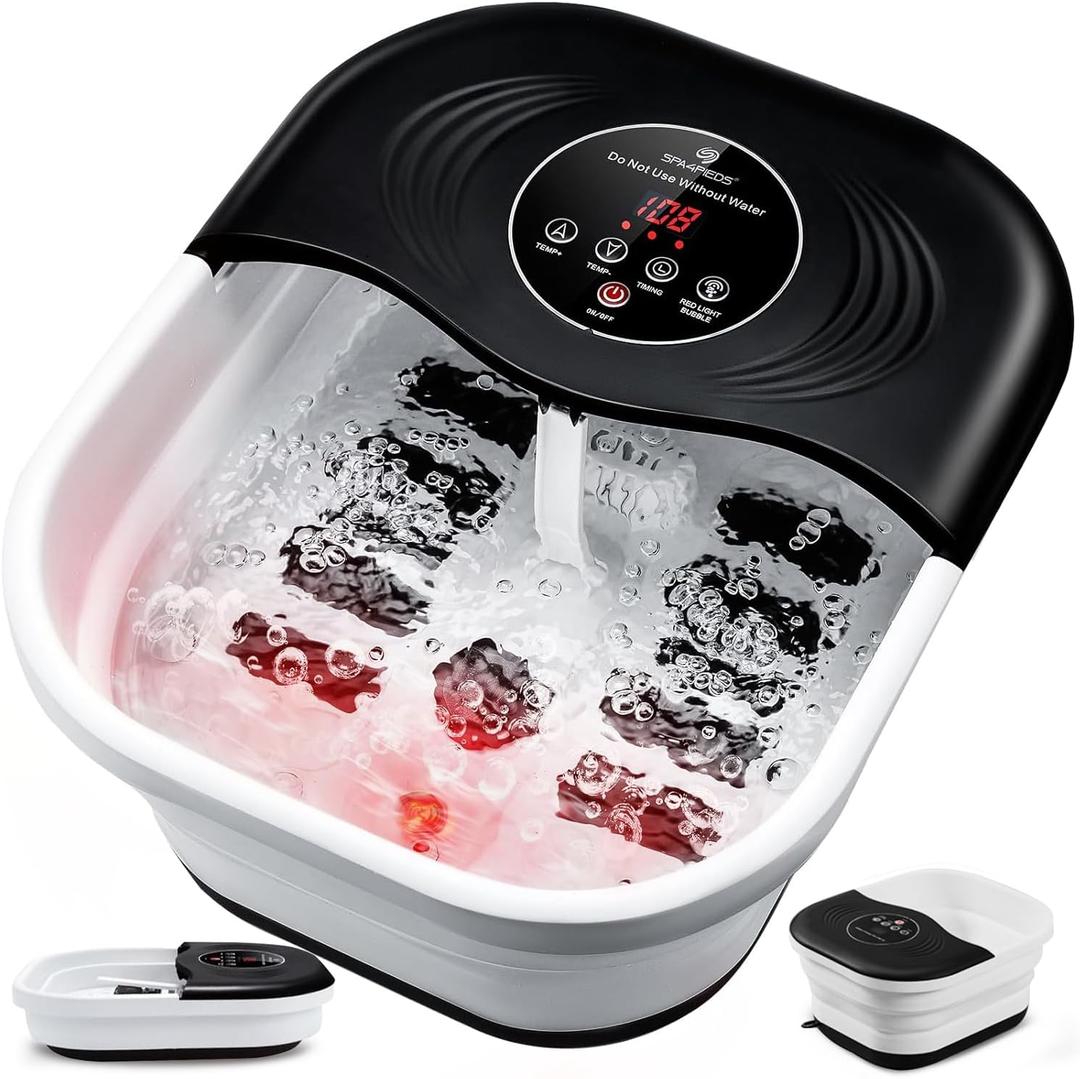 Collapsible Foot Spa with Heat, Bubble, Red Light & Temp Control - Foot Bath Massager with 8 Shiatsu Rollers, Pumice Stone & Timer, Portable Soaking Tub for Relaxation & Pain Relief - Gifts Ideas (Dark Black)