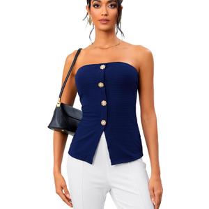 OYOANGLE Summer Going Out Tops for Women 2025 Button Front Sleeveless Strapless Tube Top (Large, Deep Blue)