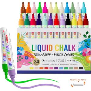 Chalk Markers for Blackboard 24 Colors Wet-Dry Erasable Liquid Chalk Marker, Dust Free Chalk Pen with 6mm Reversible Bullet & Chisel Tip for Car, Window, Glas, Whiteboard, Chalkboard, Mirror, Calendar