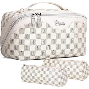 BOYATU Travel Makeup Bag Cosmetic Bags for Women: 3 Pcs Set Portable Make up Bag with Handle - Vegan Leather Toiletry Bags with Compartments - Makeup Organizer for Travel Essentials(02-Beige)
